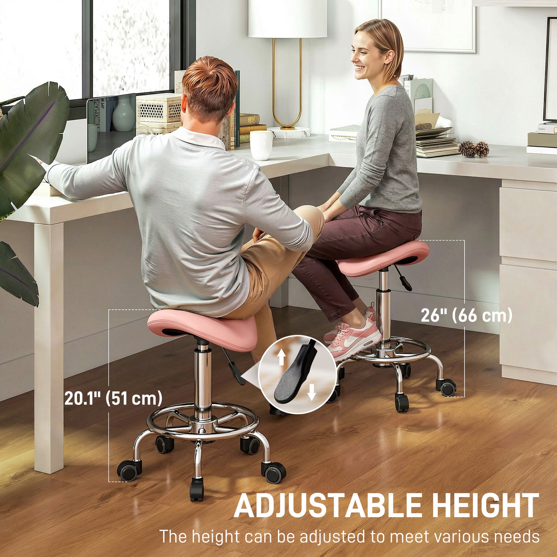 Saddle Stool, PU Leather Adjustable Rolling Salon Chair, Pink