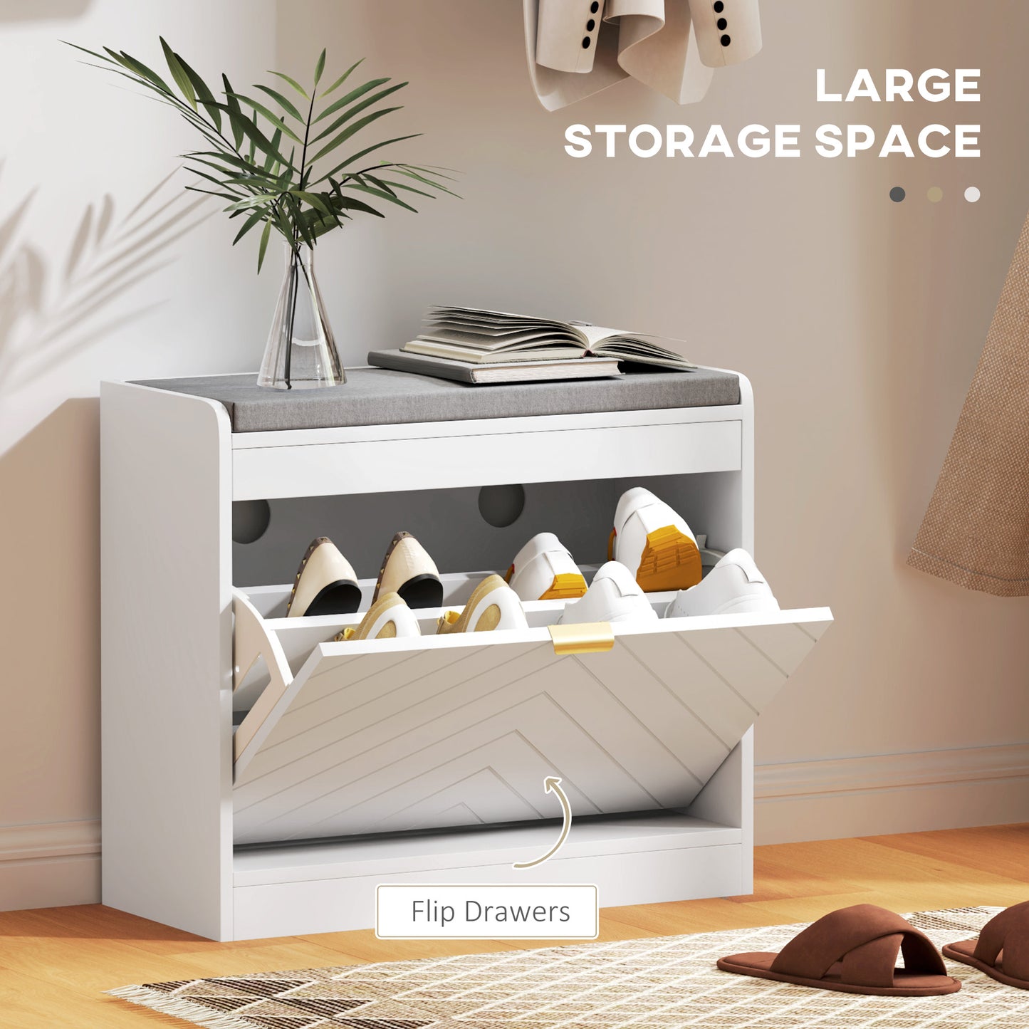 Shoe Storage with Seat, Upholstered Hallway Bench, Shoe Bench with Flip Drawer and Vent for 5 Pairs of Shoes