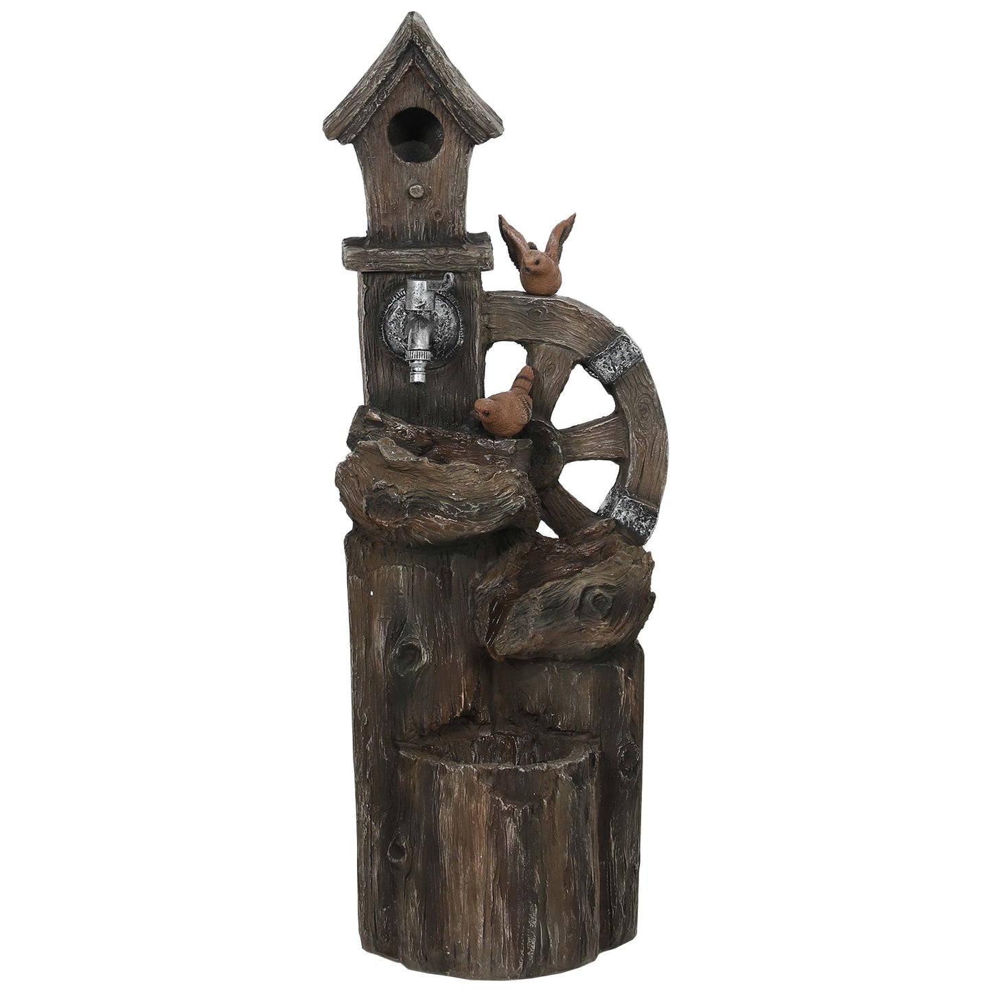 2-in-1 Outdoor Water Fountain with Birdhouse, Outdoor Waterfall, 13.6" L x 11.6" W x 36.2" H Mixed Colour