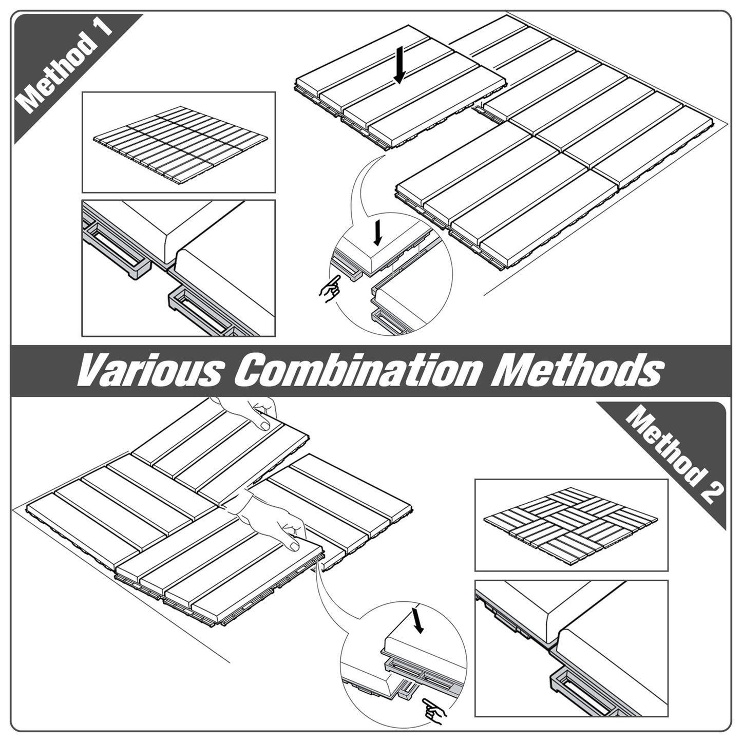 9 Pcs PP Interlocking Composite Deck Tile, 12" x 12" Outdoor Flooring Tiles for Indoor and Outdoor Use, Tools Free Assembly, Black
