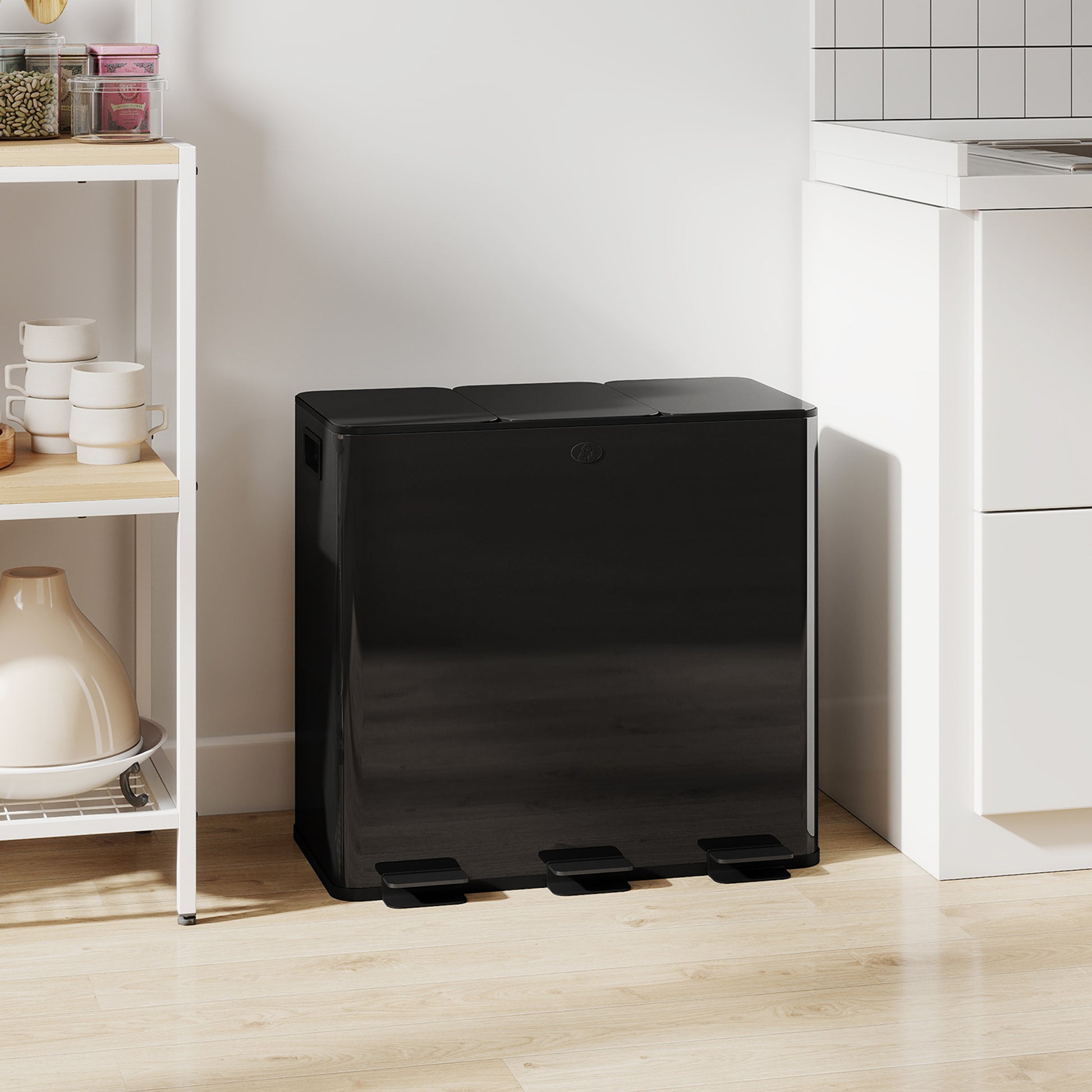 Triple Garbage Bin, Soft-Close Trash Can with Foot Pedal, 3 x 20 Liter Garbage Can with Removable Inner Buckets, Black