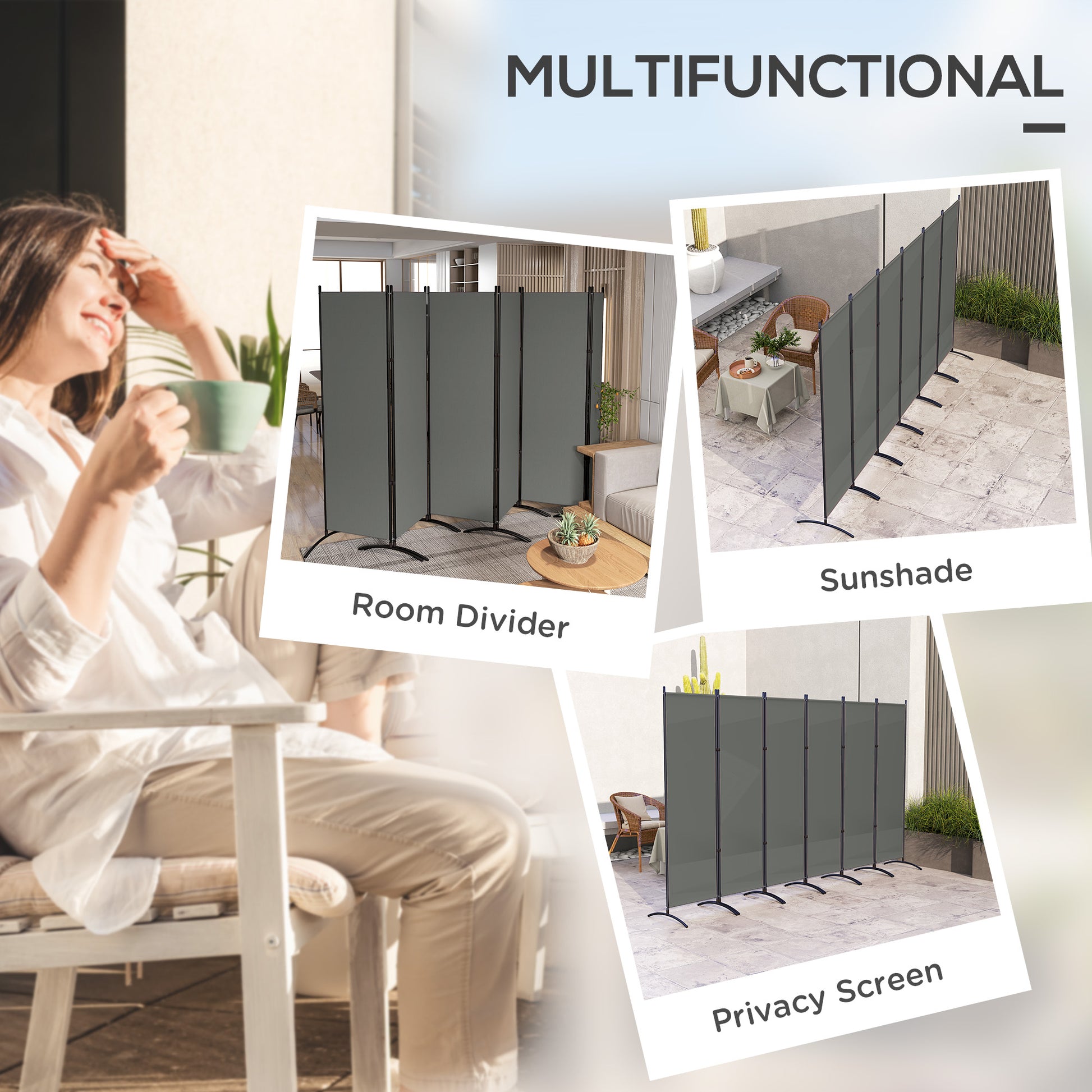 6 Panel Folding Room Divider, UV30+ Privacy Screen, Indoor Outdoor Privacy Panel with Stable Base, Dark Grey