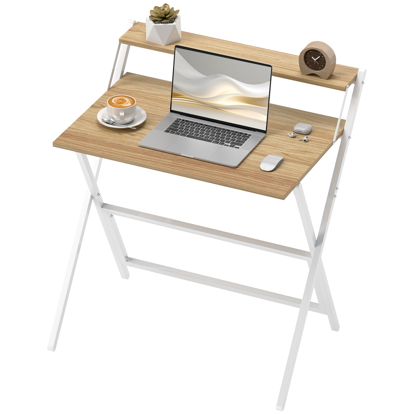 Folding Computer Desk, 32" Foldable Desk with Monitor Shelf for Small Space, Home Office, Easy Assembly, Natural Wood