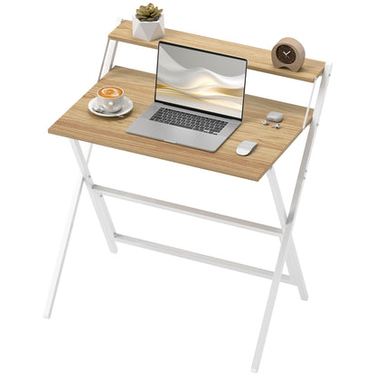 Folding Computer Desk, 32" Foldable Desk with Monitor Shelf for Small Space, Home Office, Easy Assembly, Natural Wood