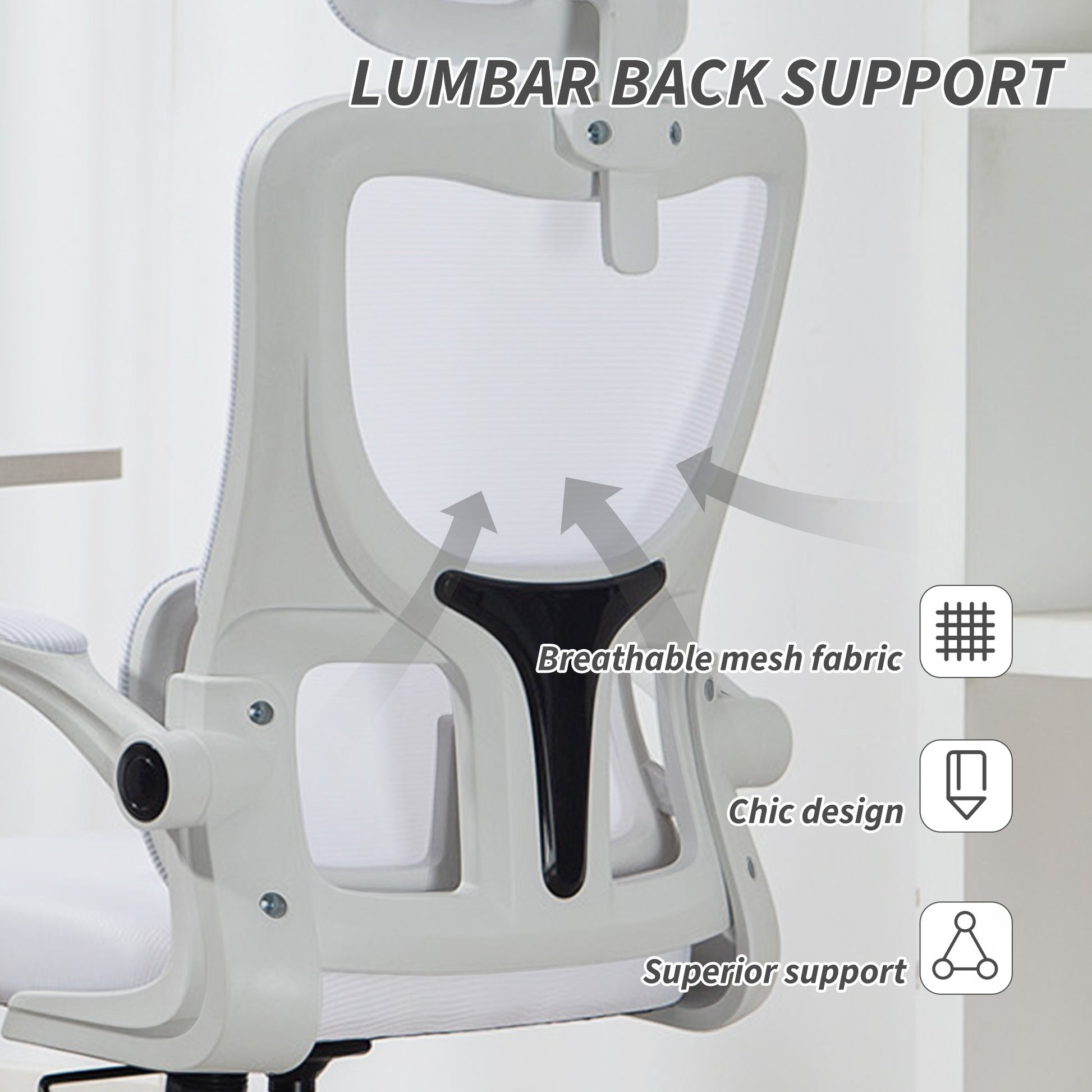 High Back Office Chair, Mesh Computer Chair with Rotatable Headrest, Lumbar Back Support, Adjustable Height, Cream White