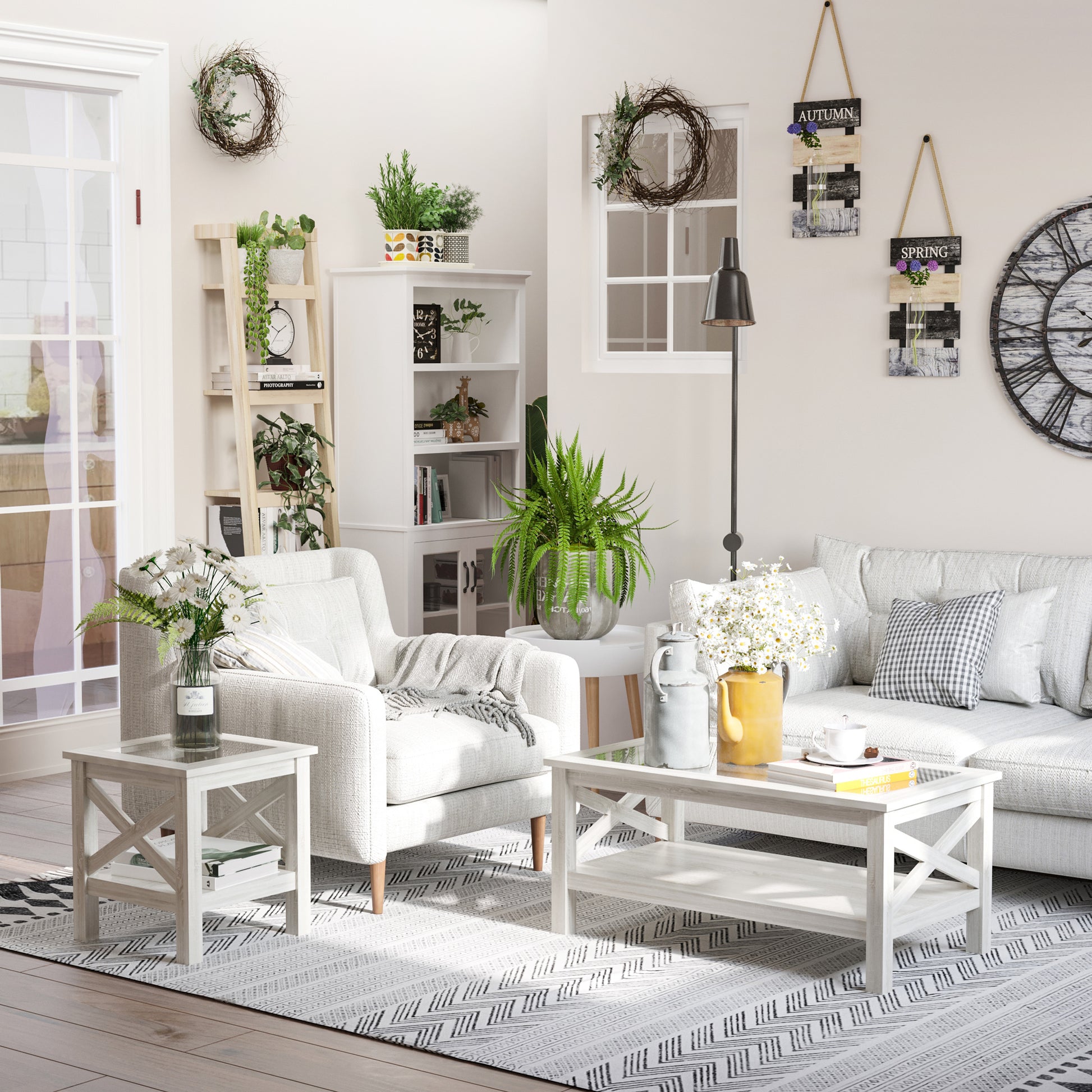 Farmhouse Coffee Table with Tempered Glass Table Top, 2-tier Center Table with Bottom Storage Shelf for Living Room, Bedroom