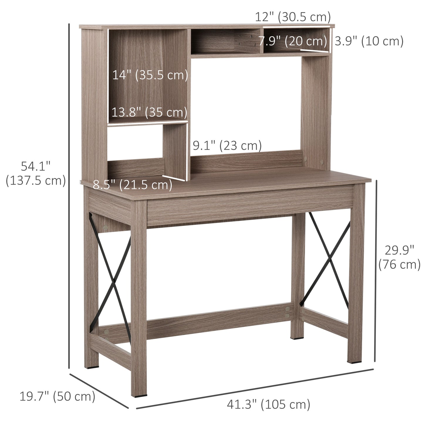 Computer Desk with Hutch, Home Office Table with Storage Shelves and Open Compartments for Writing, Work, Brown