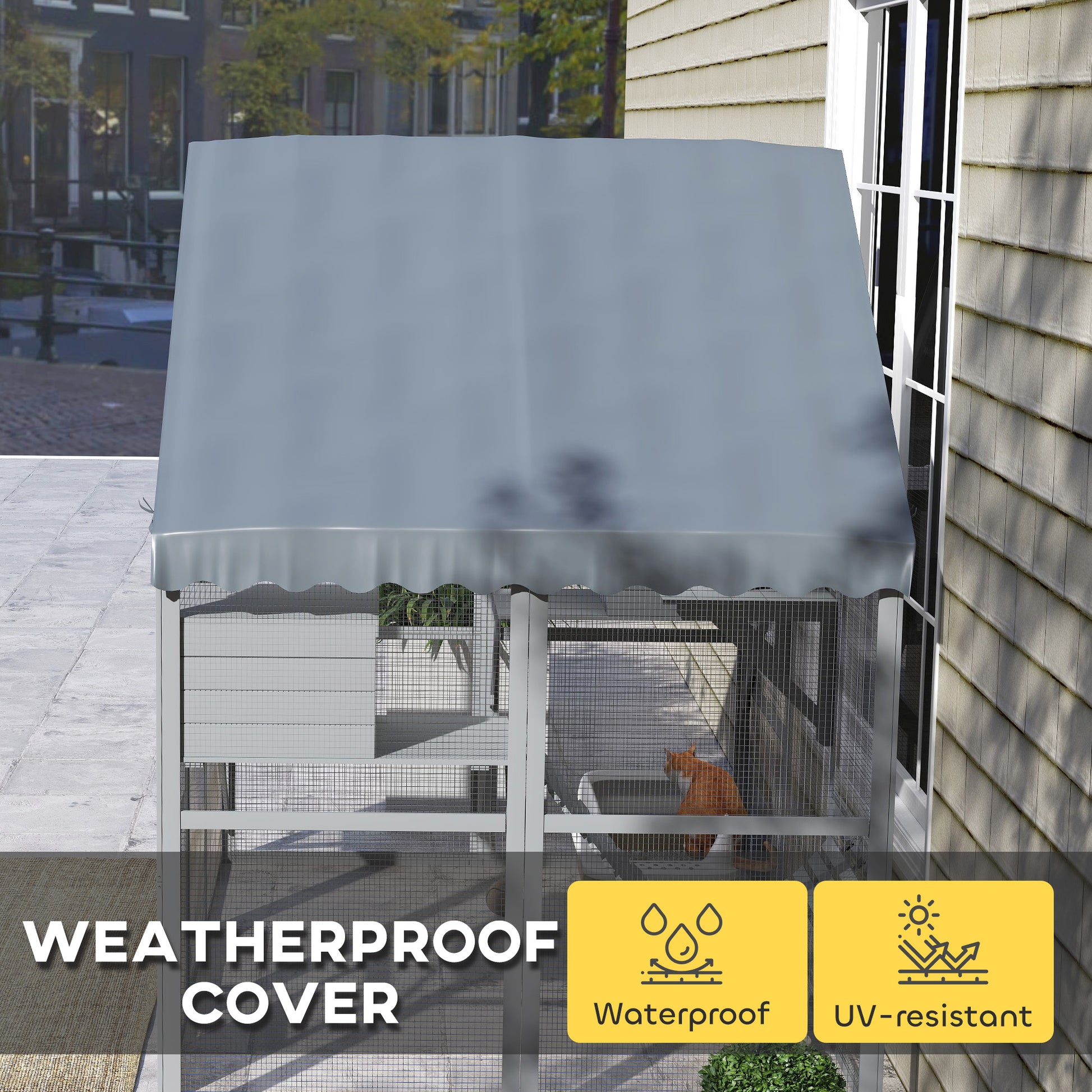 Large Catio Outdoor with Waterproof Cover, 2 Resting Boxes, 4 Platforms, Bridge, for 2-4 Kittens, Grey
