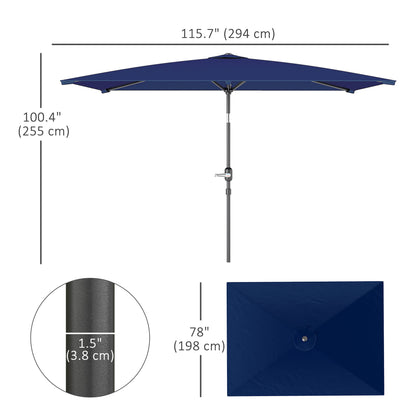 6.5x9.6ft Rectangle Aluminum Tilt Patio Umbrella, Garden Market Parasol, Outdoor Sunshade Canopy with Crank, Navy Blue