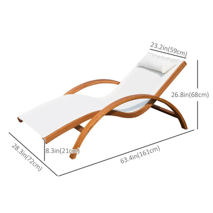 Outdoor Wood Sling Chaise Lounge Reclining Garden Mesh Lounger Patio Chair with Headrest Cream