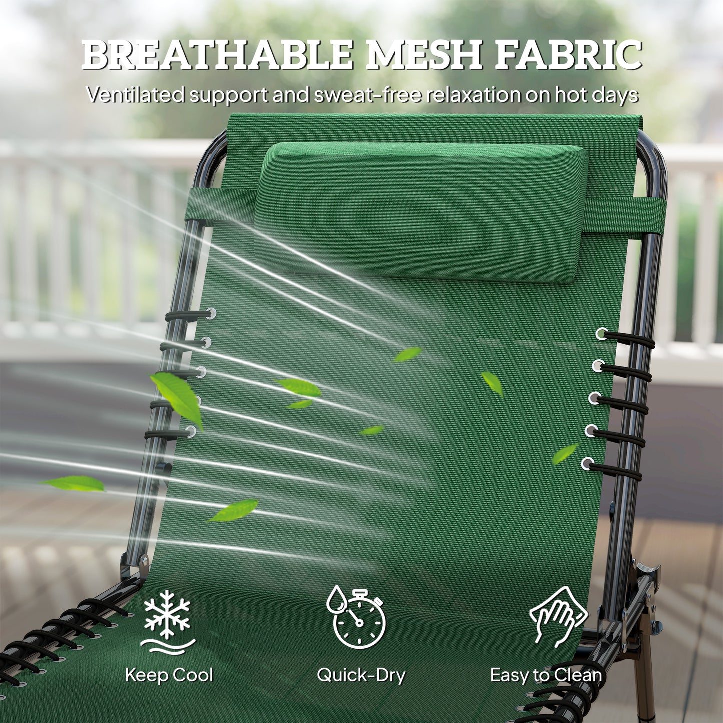 Folding Lounge Chair, Adjustable Chaise Lounge with Headrest, Reclining Lounger Cot for Camping, Hiking, Green