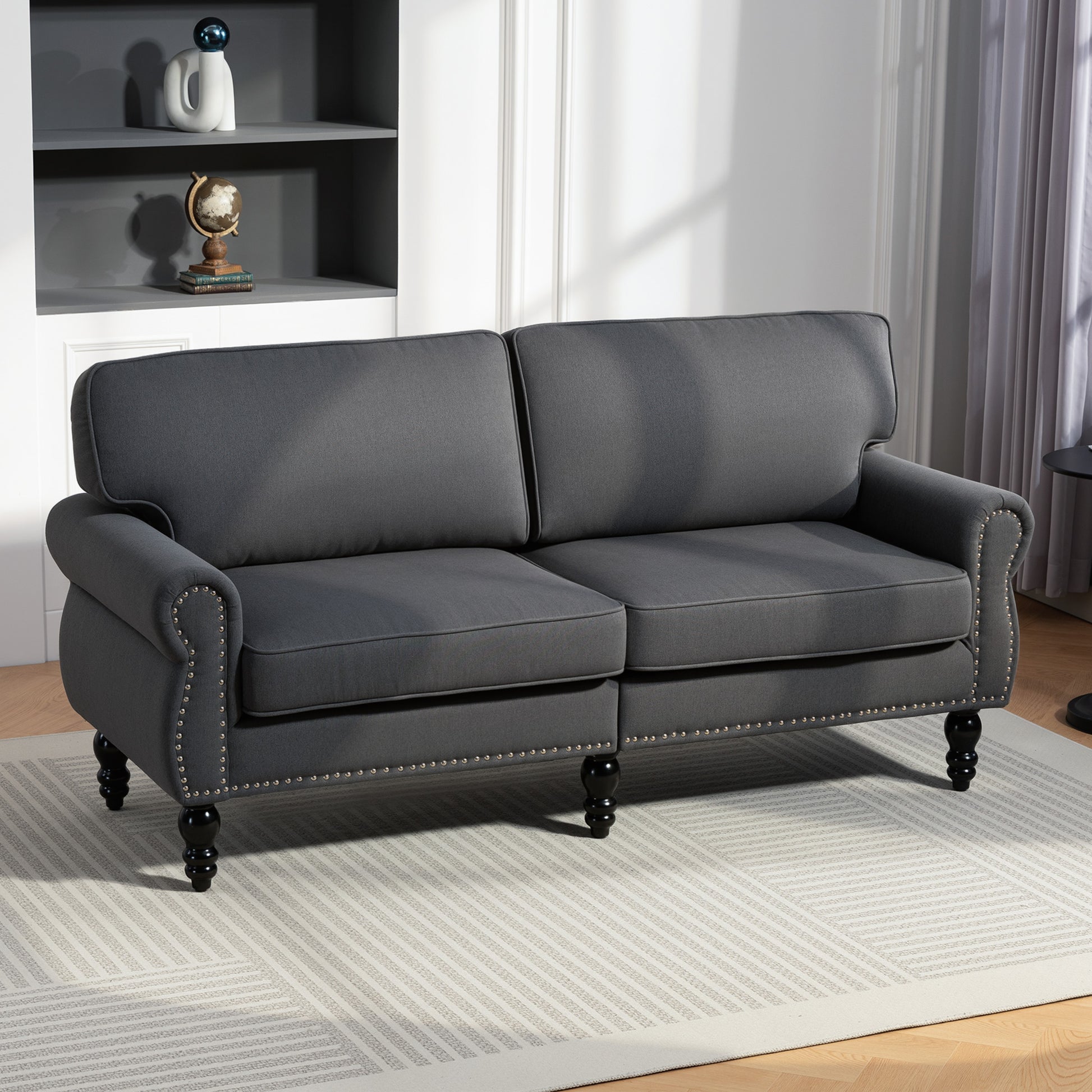 Stylish Midback Double Sofa with Sponge Padding, 2 Seater Sofa Couch, with Rubber Wood Leg, Dark Grey