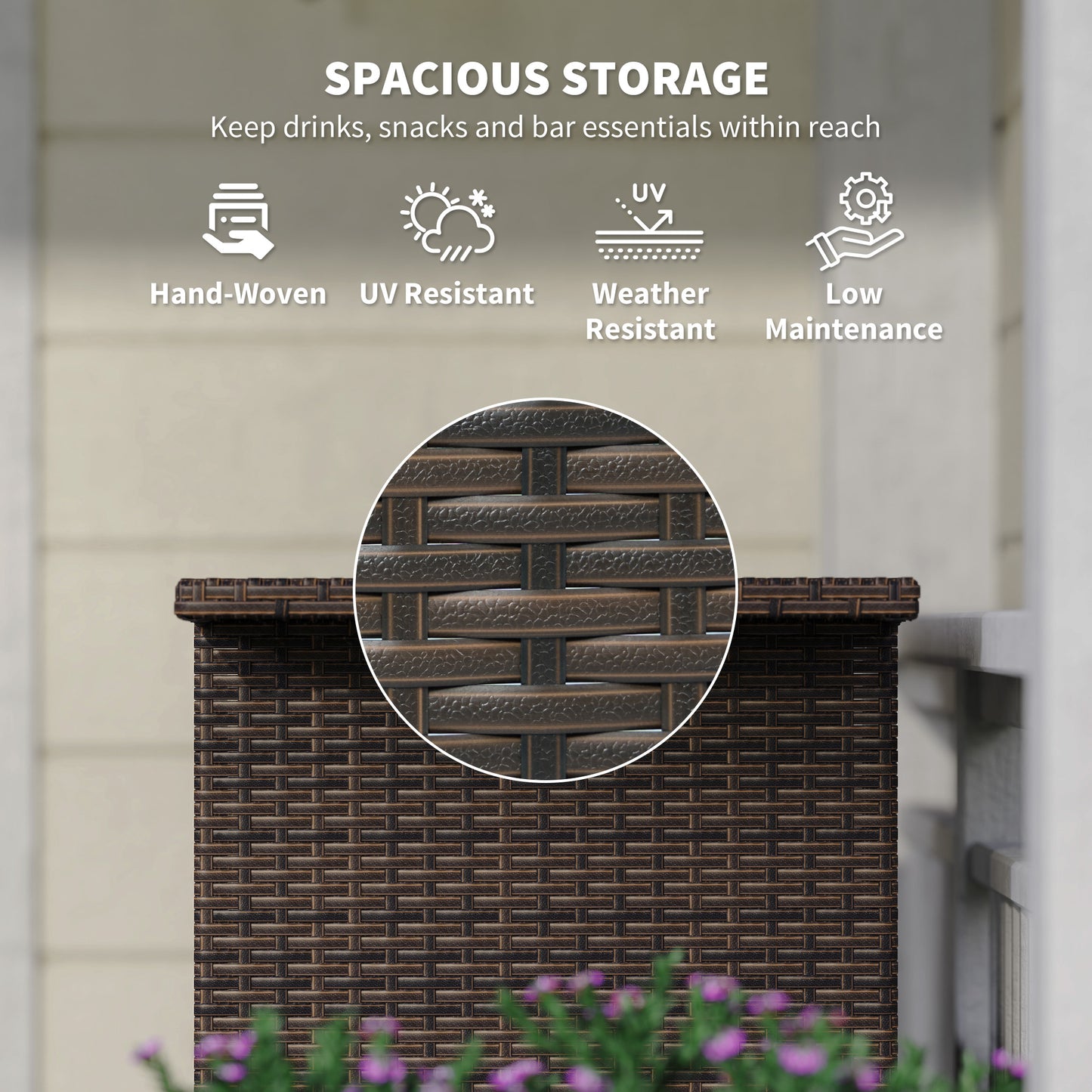 Wicker Outdoor Bar Table, PE Rattan Bar Height Patio Table with 2 Shelves, Steel Frame for Garden, Backyard, Dark Brown
