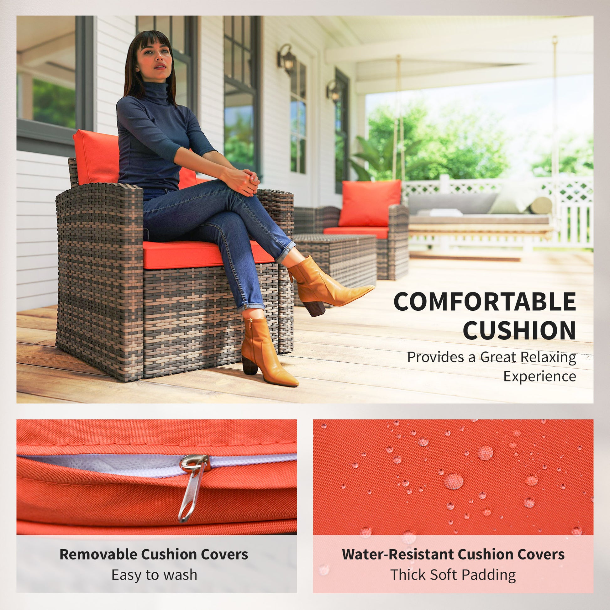6 Pieces Wicker Patio Furniture Set with Cushions, 7-Seater Rattan Patio Sofa Set with Storage Table, Orange