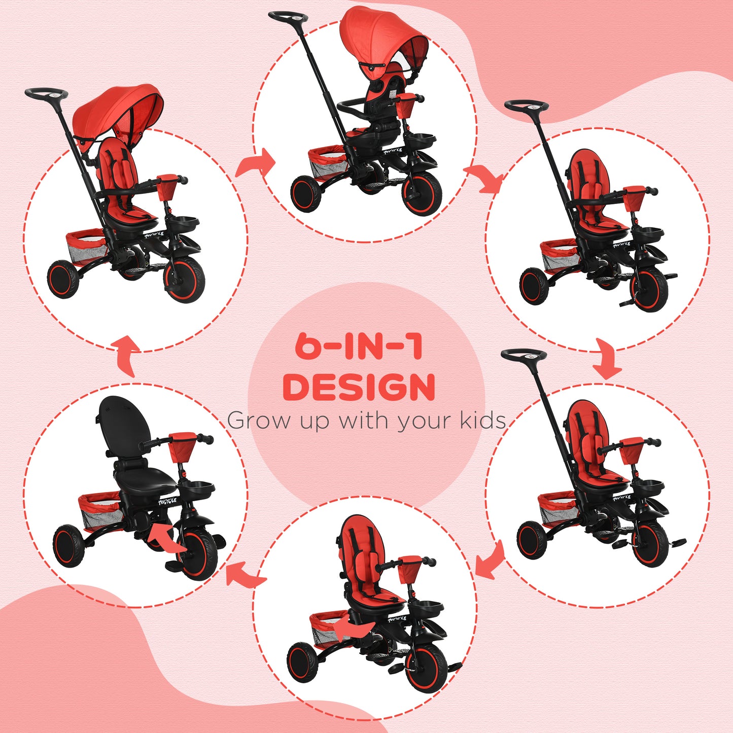 Aosom Tricycle for Toddler 6-in-1 Kids Trike, Foldable Converts Stroller to Baby Push Bike, Adjustable Backrest with Detachable Guardrail & Handle, Brake for 1-4 Years Old, Red