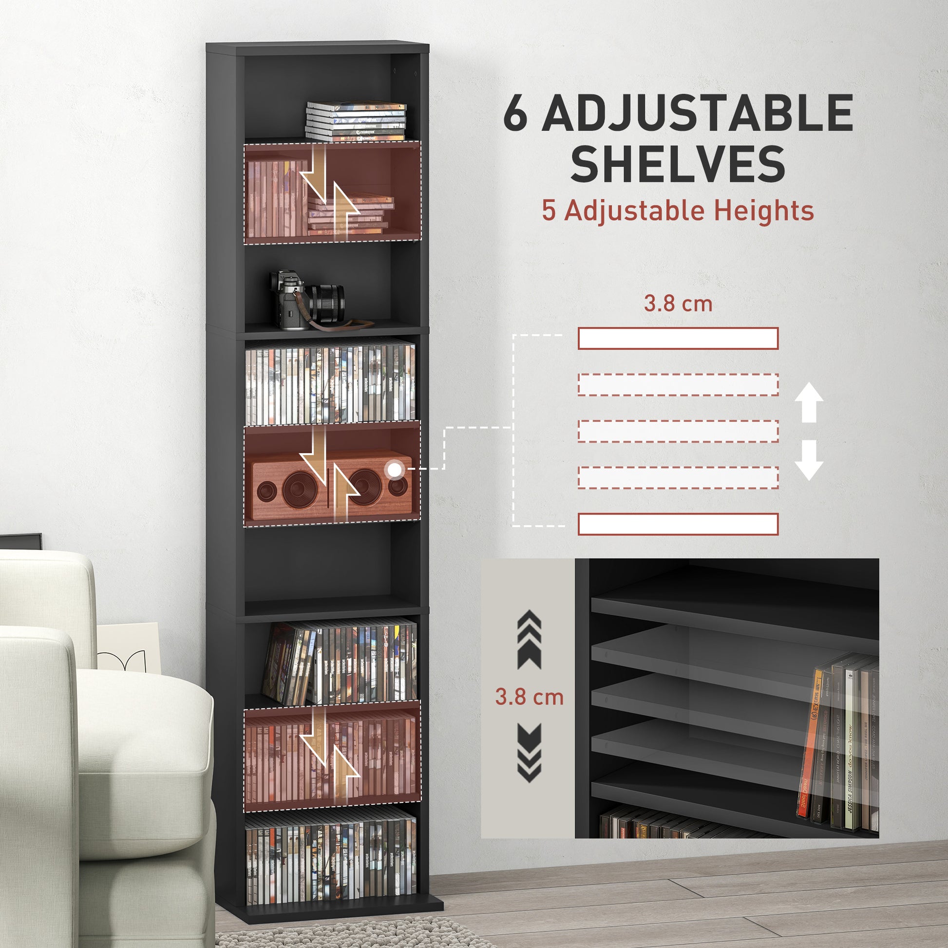 Media Storage Cabinet, 9-Tier Tall Narrow DVD Shelf with 6 Adjustable Shelves, Black