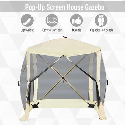 Pop-Up Tent, Foldable Screen Tent with Carry Bag, Zippered Door and Ground Stakes, Fits 3-4 People, Beige