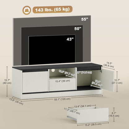 TV Stand for 43-55 Inch TV, Entertainment Center w/ Cabinets, Shelf, Drawer and Cable Management for Living Room, White