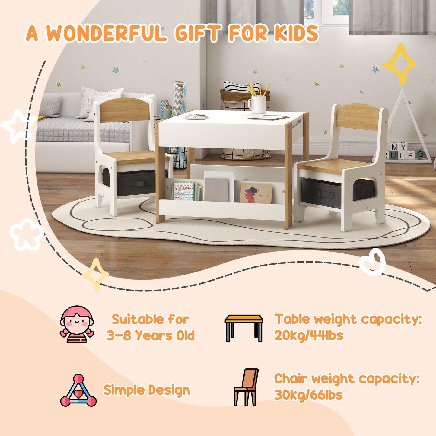 Qaba 3 Piece Kids Table and Chair Set with Reversible Tabletop, Blackboard, Storage, Bookshelf, for Playroom, Nursery Natural