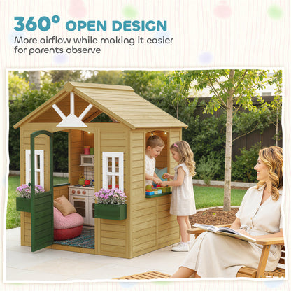 Qaba Outdoor Playhouse, Wooden Kids Playhouse with Door, 3 Windows, 2 Flower Boxes for Garden, Indoor Playroom, Ages 3–8