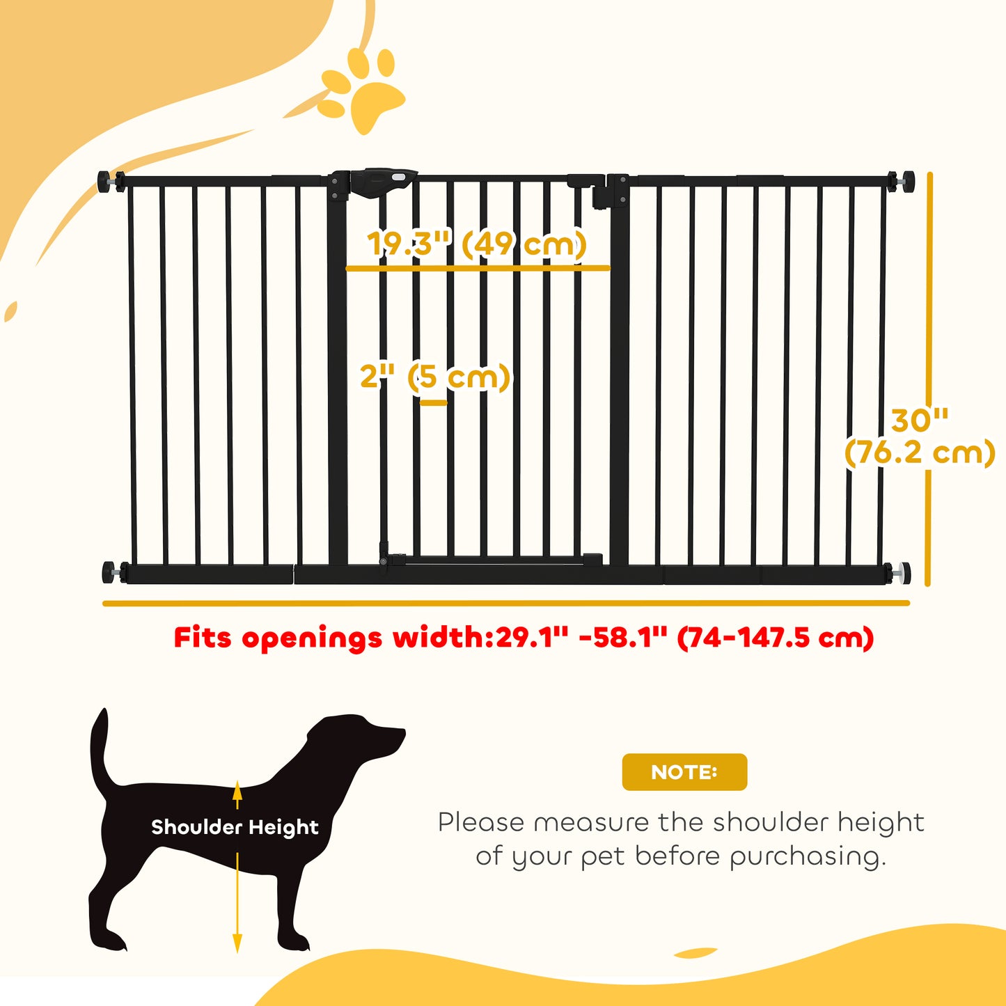 29"-58" Wide Pet Gate with Door Dog Gate and Barrier Indoor for Stairs Includes 7", 8", 12" Extensions Kit, 30 Inch Tall Pressure-Mounted Safety Gate, Black