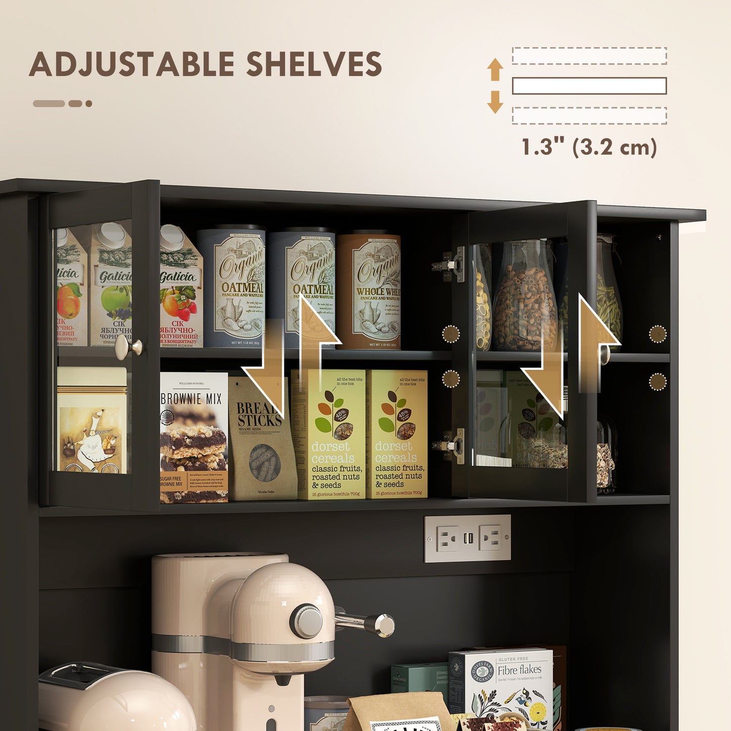 Kitchen Cabinet with Charging Station, 2 Tilt Out Cabinets, Microwave Stand, Freestanding Kitchen Pantry Cabinet, Black
