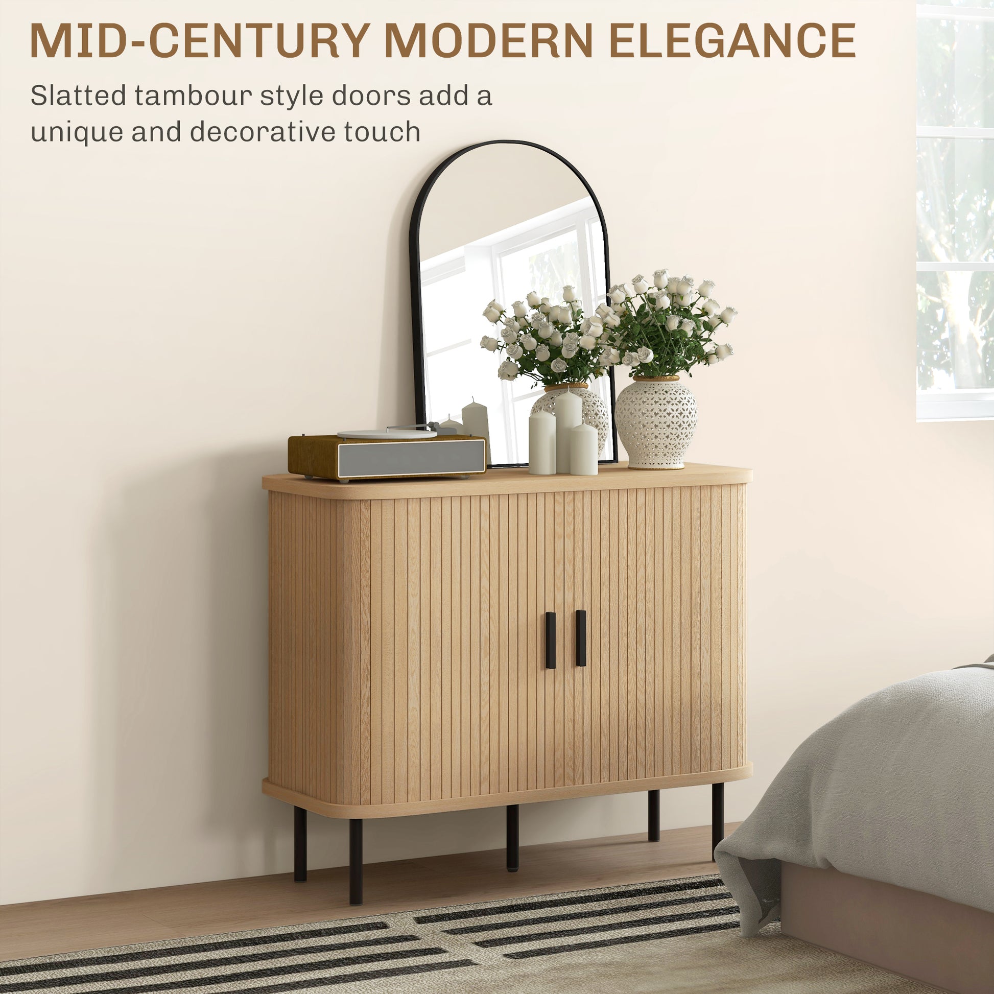 35.4" Sideboard Buffet Cabinet with Storage, Nordic Coffee Bar Cabinet with Slatted Tambour Doors and Metal Legs, Oak