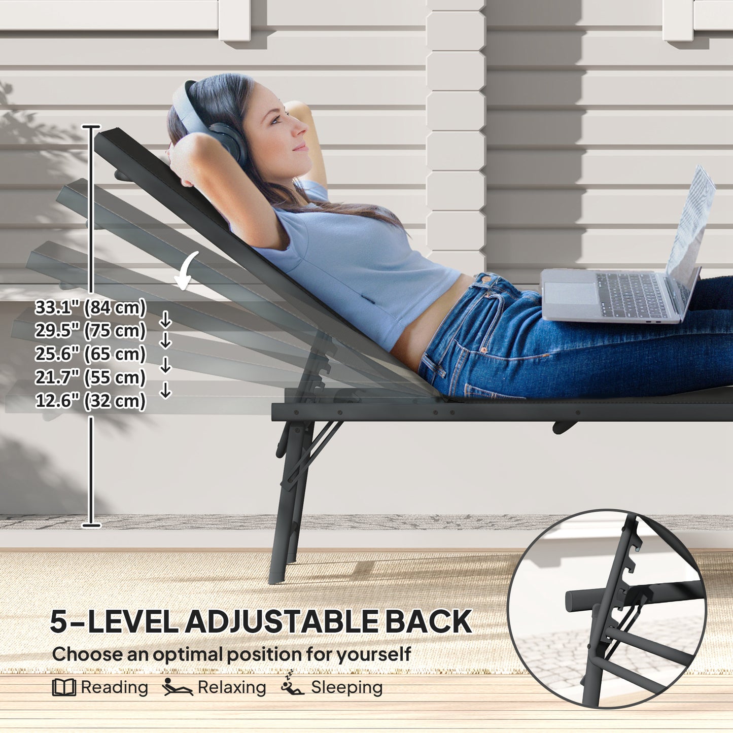 2 Pieces Folding Outdoor Lounge Chairs, Reclining Chaise Lounge Tanning Chair w/ Adjustable Back, Mesh Seat, Black