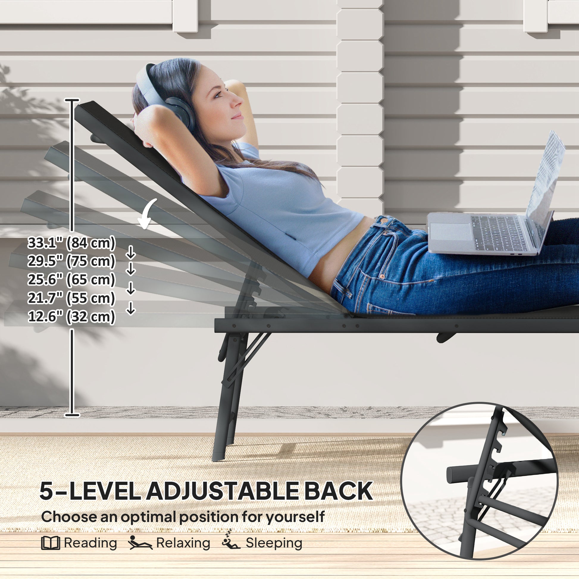 2 Pieces Folding Outdoor Lounge Chairs, Reclining Chaise Lounge Tanning Chair w/ Adjustable Back, Mesh Seat, Black