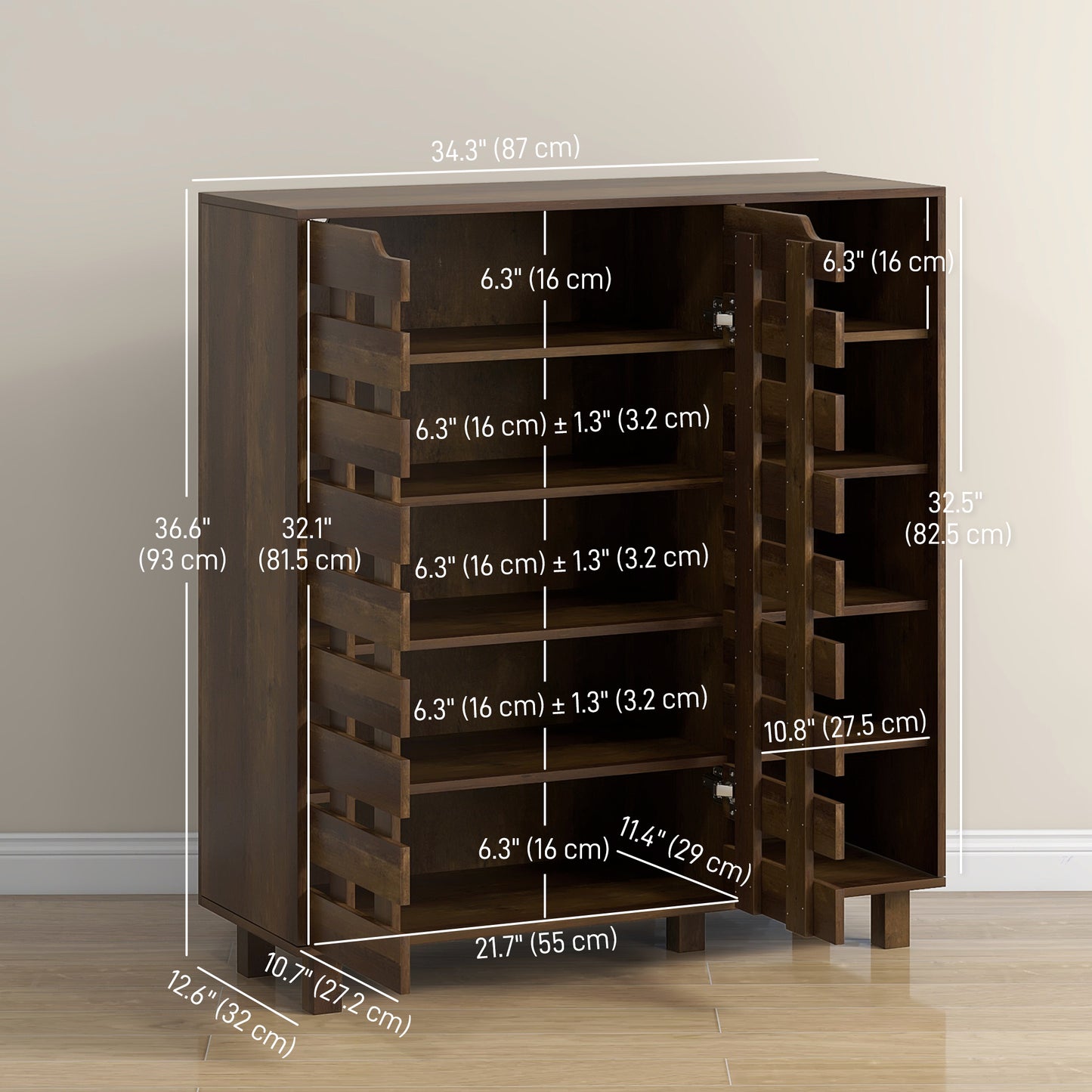 Shoe Cabinet, 21 Pair Shoe Storage Cabinet Organizer with 5-tier Double Door Cupboard and 5-tier Open Shelves, Brown