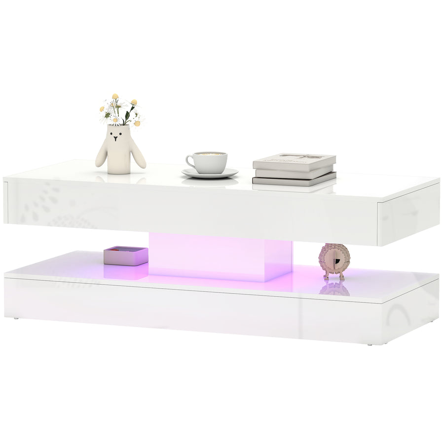 Coffee Table with Adjustable LED Lights, Modern Living Room Table with 2 Drawers, Open Shelf, Remote, High Gloss White