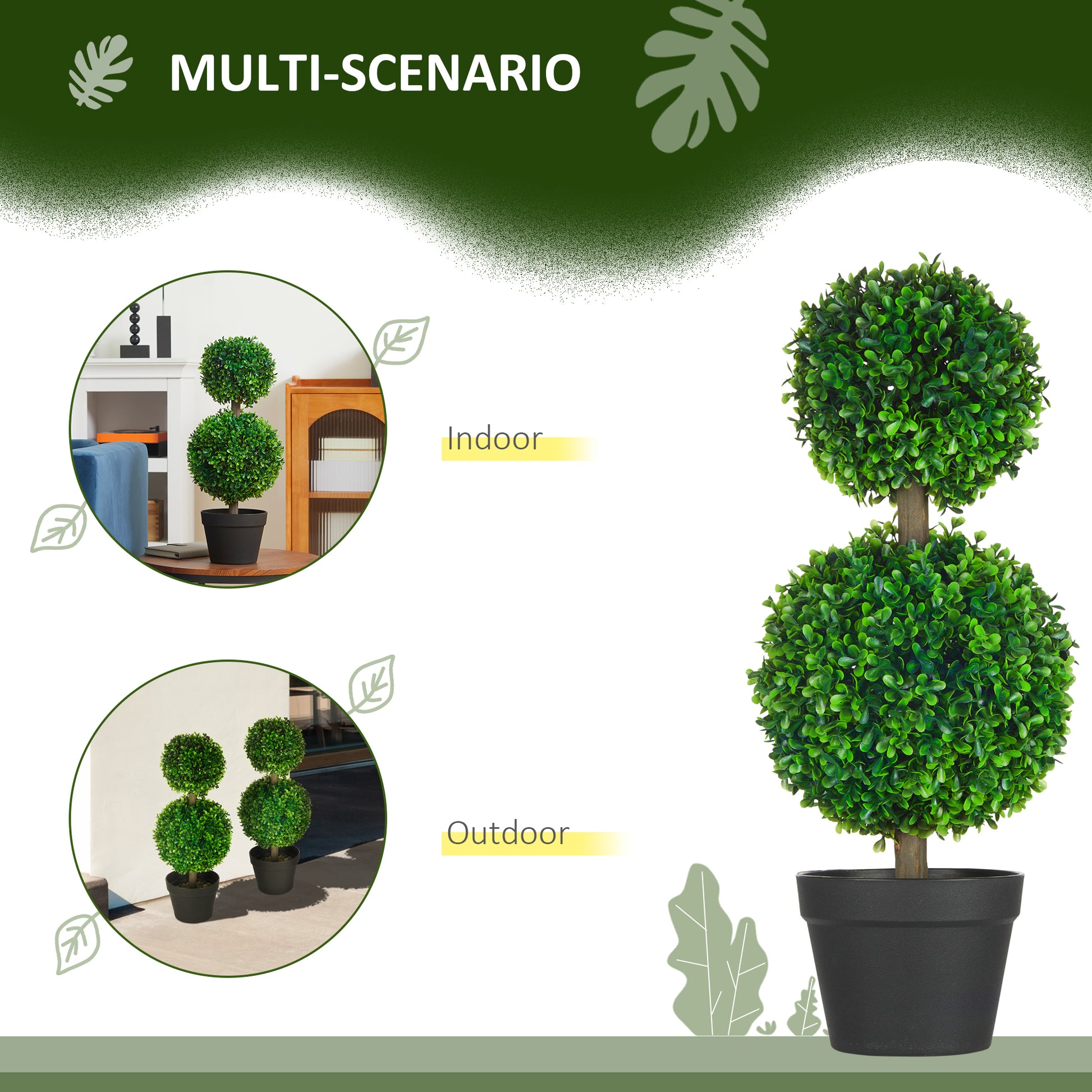 Artificial Boxwood Topiary Tree Set of 2, Faux Boxwood Ball Trees in Pot, Fake Plant for Indoor Outdoor Decor, Green