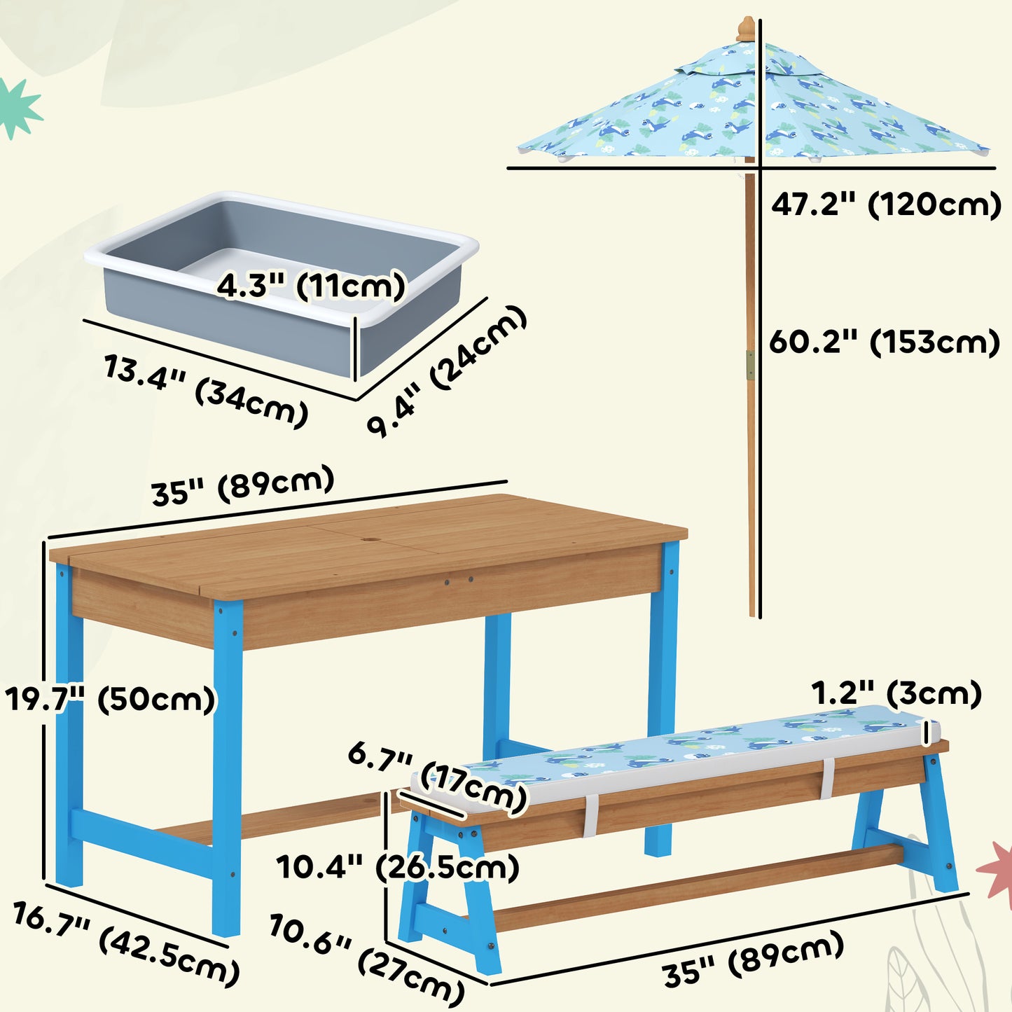 Qaba Kids Picnic Table and Bench Set with Removable Umbrella, Cushions & Boxes, Dinosaur Theme for Outdoor, Blue