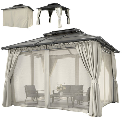 10' x 12' Outdoor Gazebo Canopy, Double Roof Hardtop Gazebo with Polycarbonate Roof, Steel Frame, Nettings and Curtains