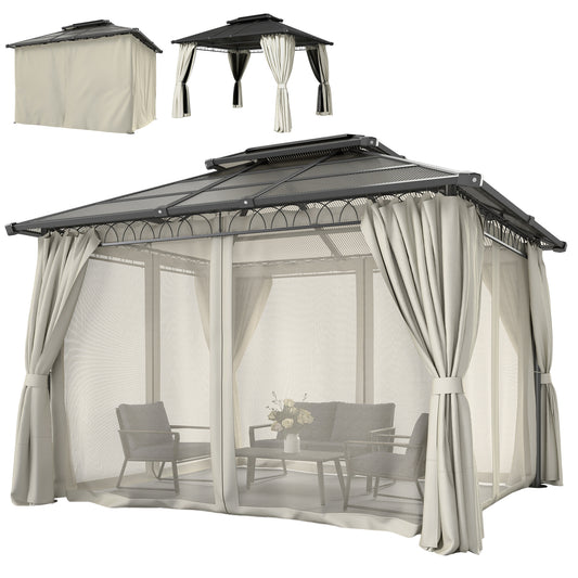10' x 12' Outdoor Gazebo Canopy, Double Roof Hardtop Gazebo with Polycarbonate Roof, Steel Frame, Nettings and Curtains