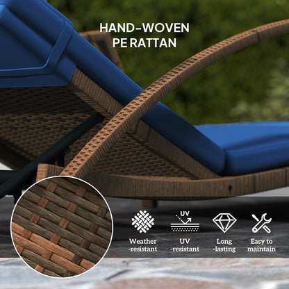 Set of 2 Wicker Chaise Lounge Chair Outdoor Patio Lounger with 5 Adjustable Back, Wheels, Cushion and Armrests, Blue