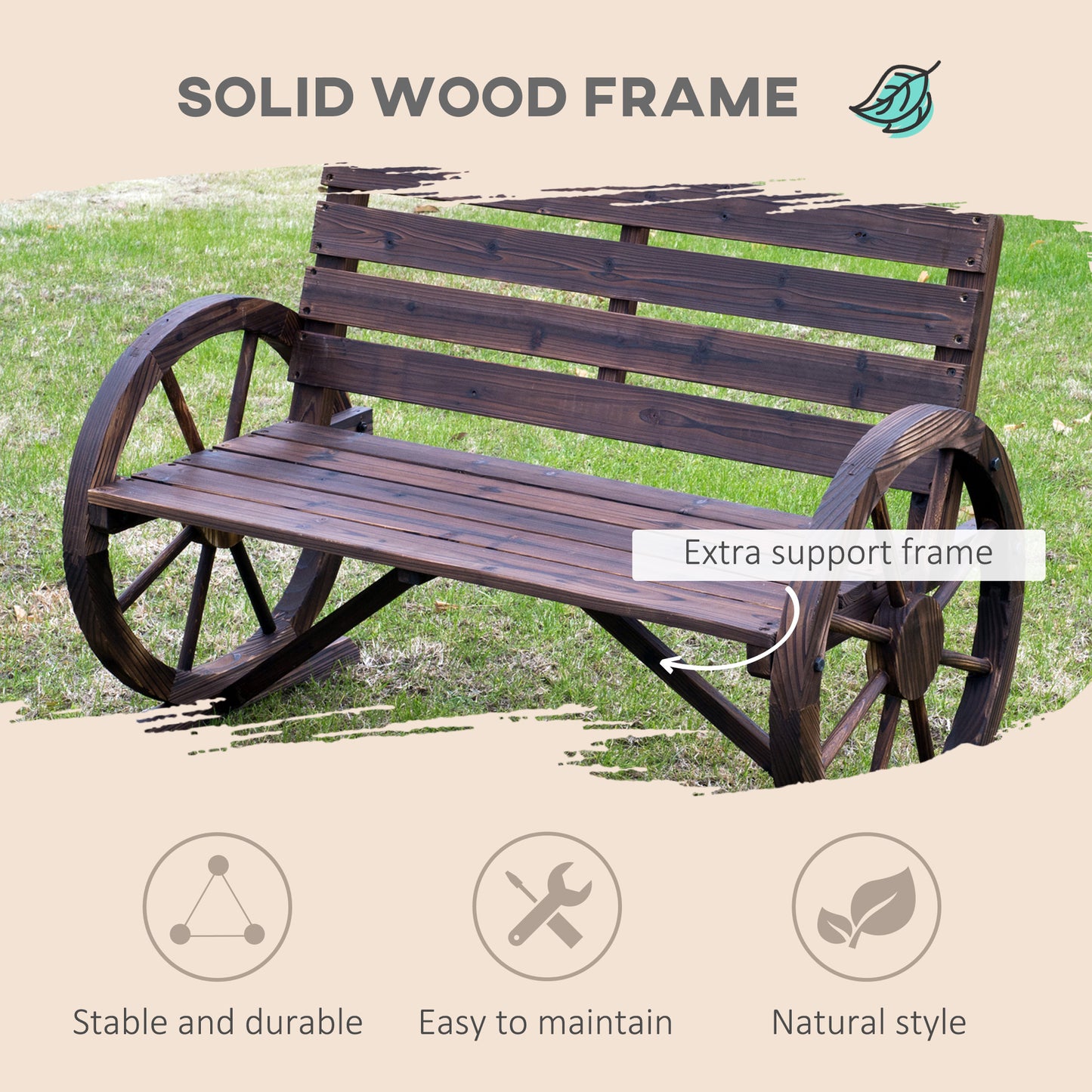 42" Wood Wagon Wheel Bench Garden Loveseat Rustic Seat Relaxing Lounge Chair Outdoor Decorative Seat Park Decor, Brown