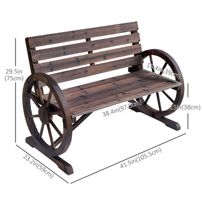 42" Wood Wagon Wheel Bench Garden Loveseat Rustic Seat Relaxing Lounge Chair Outdoor Decorative Seat Park Decor, Brown