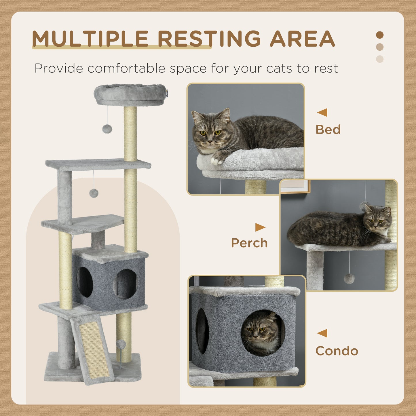 57.5" Cat Tree with Scratching Posts, Large Cat Tower for Indoor Cats with Bed, House, Toys, Grey
