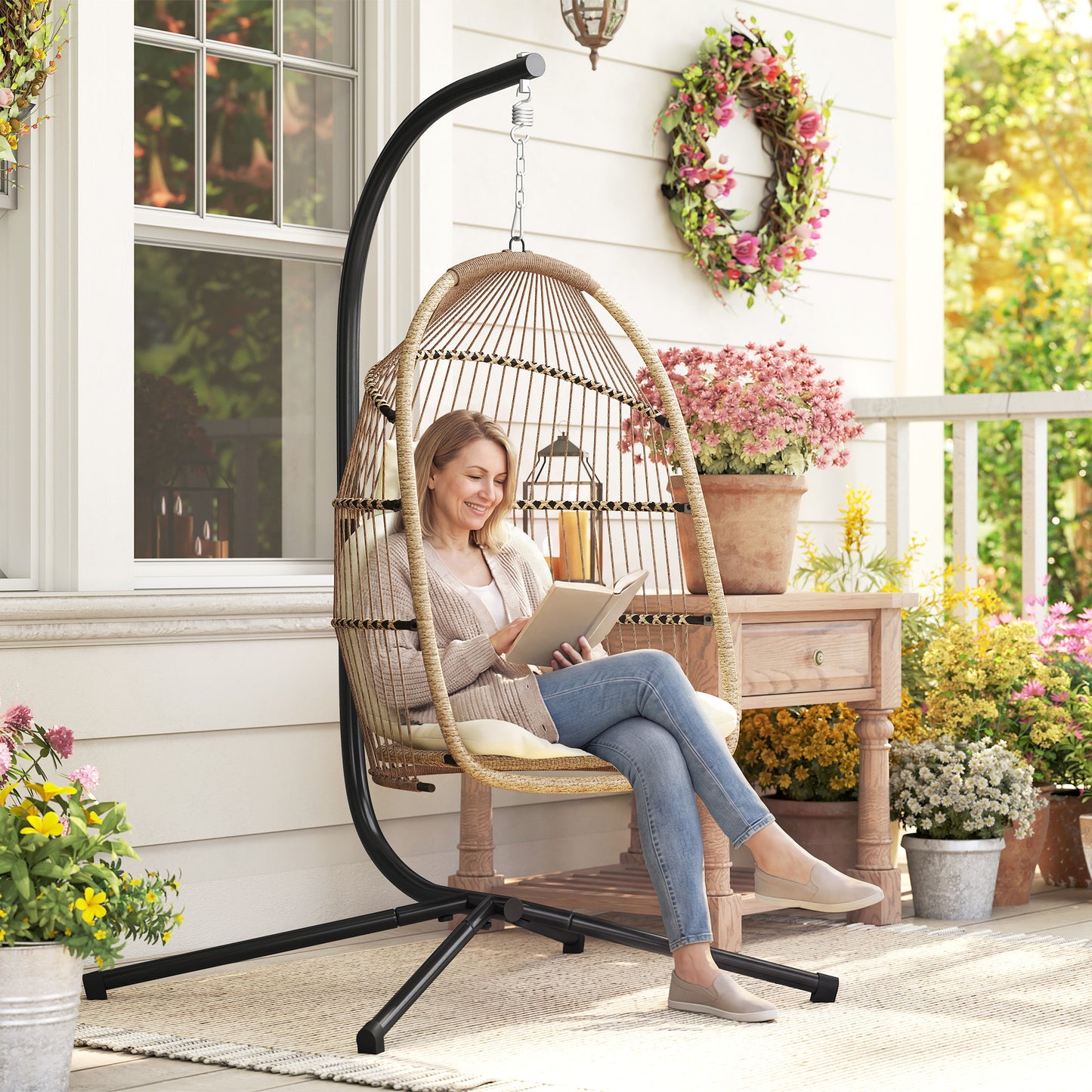 Wicker Egg Swing Chair with Stand, Foldable Hanging Egg Chair with UV Resistant Cushion, Headrest, Beige