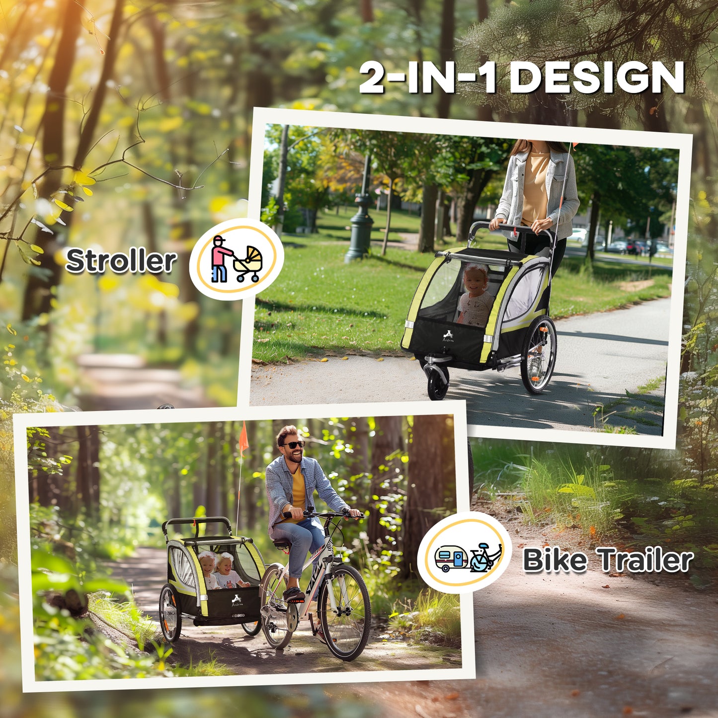Aosom 2 Seat Bike Trailer for Kids 2-in-1 Double Baby Stroller with Handbrake, Rubber Wheels, 5 Point Harness, Waterproof Cover, Storage Bag, Reflectors, Yellow