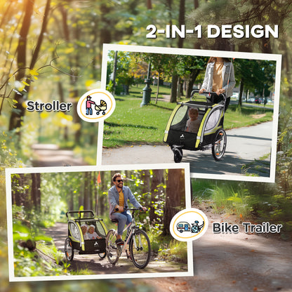 Aosom 2 Seat Bike Trailer for Kids 2-in-1 Double Baby Stroller with Handbrake, Rubber Wheels, 5 Point Harness, Waterproof Cover, Storage Bag, Reflectors, Yellow