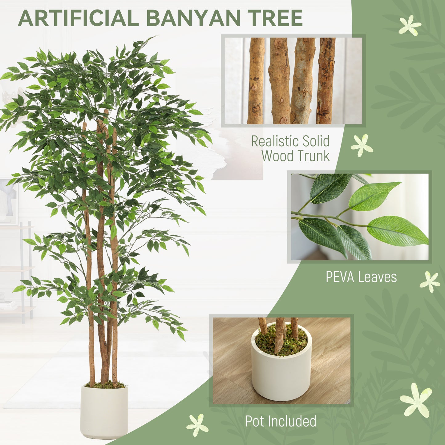 6FT Artificial Banyan Tree Set of 2, Fake Potted Tree with Solid Wood Trunk and Pot for Indoor
