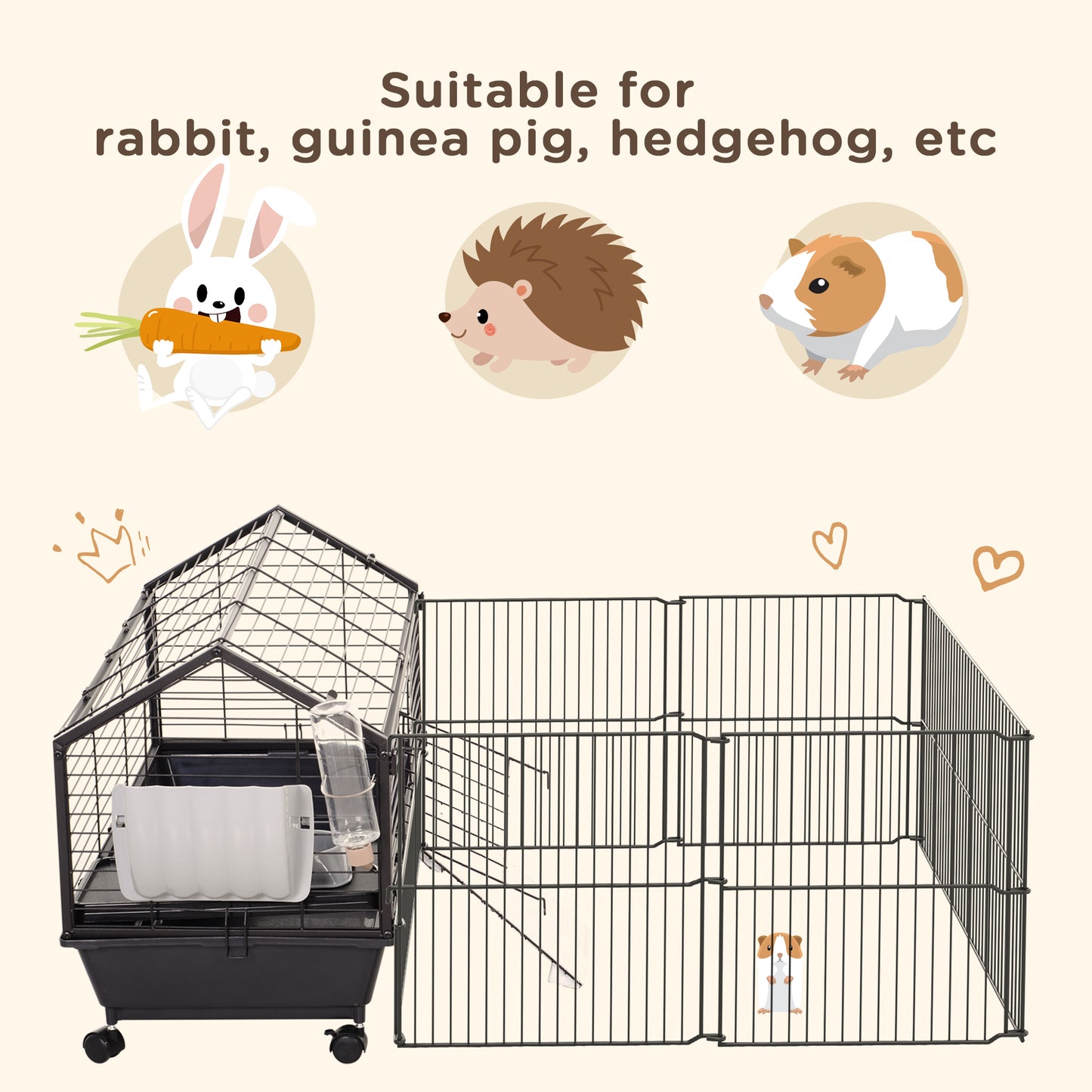 Guinea Pig Cage with Foldable Detachable Playpen, Rolling Rabbit Chinchilla Hedgehog Bunny Cage Small Animal Habitat with Water Bottle, Hay Feeder, 34.5" x 50.5" x 22"