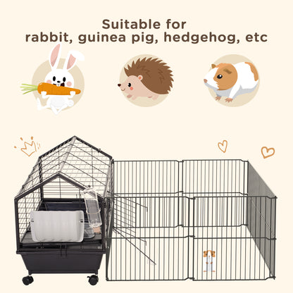 Guinea Pig Cage with Foldable Detachable Playpen, Rolling Rabbit Chinchilla Hedgehog Bunny Cage Small Animal Habitat with Water Bottle, Hay Feeder, 34.5" x 50.5" x 22"