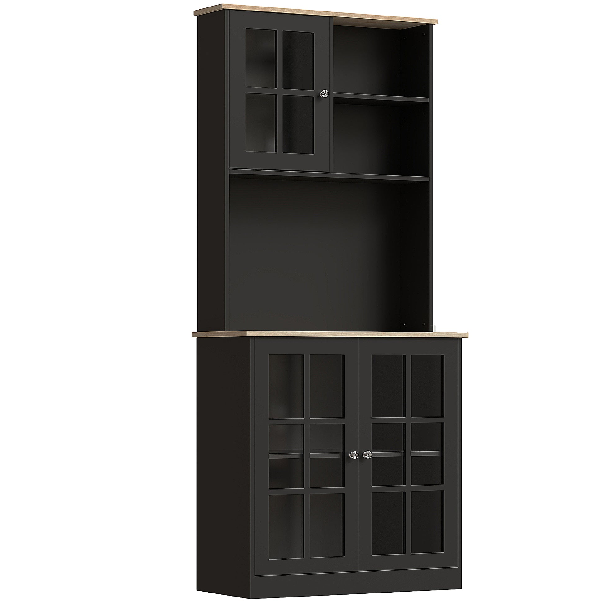 Kitchen Buffet with Hutch, Storage Pantry with 3 Cabinets, 2 Open Shelves and Large Countertop, Black