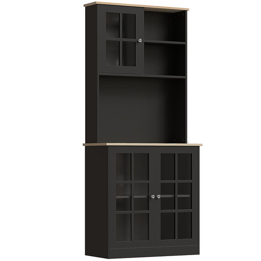 Kitchen Buffet with Hutch, Storage Pantry with 3 Cabinets, 2 Open Shelves and Large Countertop, Black