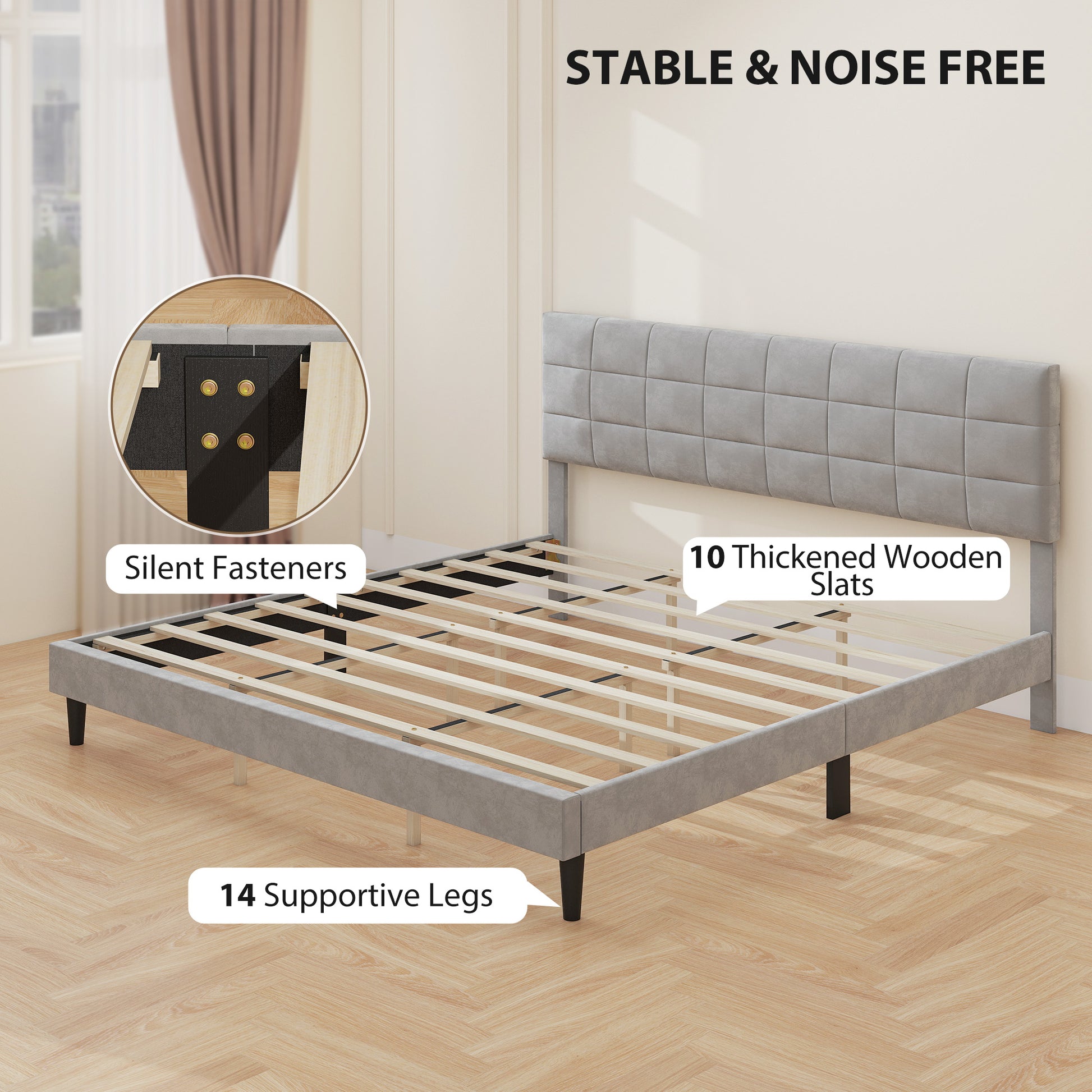 King Size Bed Frame with Upholstered Headboard, Modern Platform Bed Frame with Wood Slats, 1100 lbs Capacity, Grey