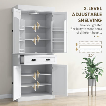 71" Kitchen Pantry Cabinet with LED Lights, 6 Spice Racks, a Drawer and 4 Adjustable Shelves, White