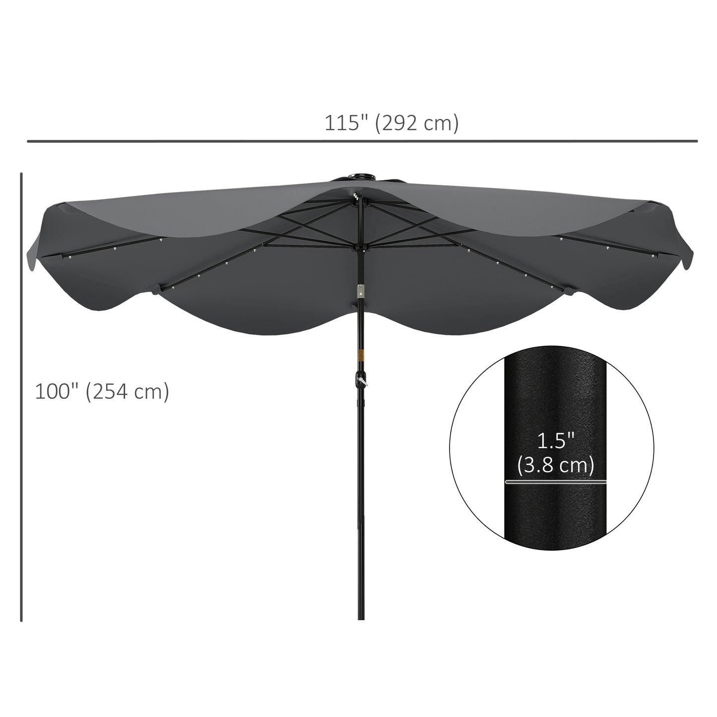 Solar Patio Umbrella with LED and Tilt, Outdoor Market Table Umbrella Parasol with Crank, 10 x 10 ft, Dark Grey